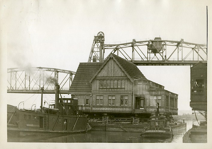 The Weyerhaeuser Building was barged up the Snohomish River from Mill A to Mill B in 1938.