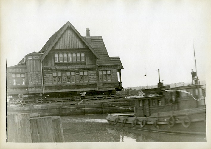 The Weyerhaeuser Building was barged up the Snohomish River from Mill A to Mill B in 1938.
