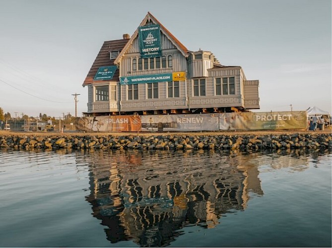 The Weyerhaeuser Building was moved over land from the Marina Village to Boxcar Park in 2016.