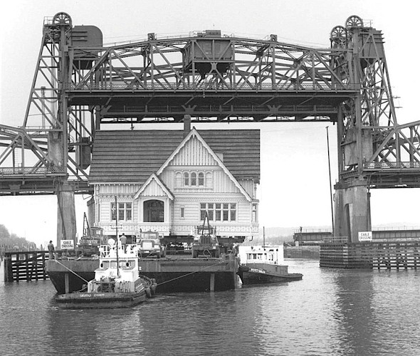 The Weyerhaeuser Building was barged down the Snohomish River from Mill B to the Marina Village in 1983.