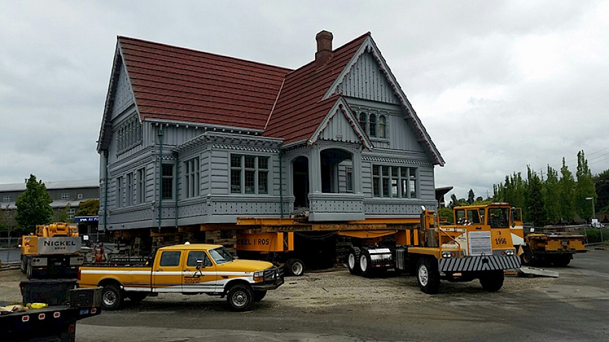 The Weyerhaeuser Building was moved over land from the Marina Village to Boxcar Park in 2016.